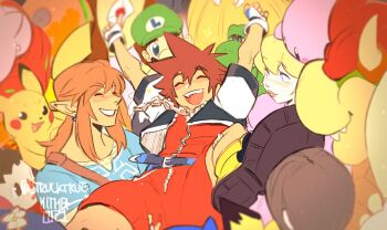animal_crossing armor blonde_hair blue_eyes bowser brothers brown_eyes brown_hair crossover disney donkey_kong donkey_kong_(series) donkey_kong_country facial_hair fingerless_gloves gen_1_pokemon gen_2_pokemon gloves hat highres jewelry keyblade king_k._rool kingdom_hearts kingdom_hearts_i kirby kirby_(series) kitkaloid link long_hair luigi male_focus mario mario_(series) metroid multiple_boys mustache necklace nintendo open_mouth pichu pikachu pointy_ears pokemon pokemon_(creature) power_suit_(metroid) princess_peach red_hair samus_aran short_hair siblings smash_invitation smile sonic_(series) sonic_the_hedgehog sora_(kingdom_hearts) spiked_hair square_enix the_legend_of_zelda the_legend_of_zelda:_breath_of_the_wild varia_suit villager_(animal_crossing) wii_fit wii_fit_trainer wii_fit_trainer_(female)