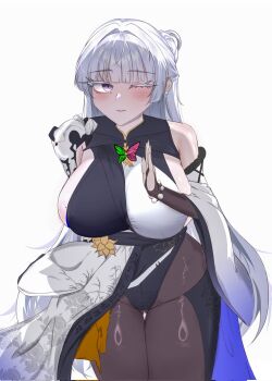 1girl black_pantyhose breasts chandlecat colored_eyelashes commentary goddess_of_victory:_nikke highres huge_breasts large_breasts leotard long_hair mechanical_arms mechanical_hands mole mole_on_breast nayuta_(nikke) one_eye_closed pantyhose sideboob simple_background single_mechanical_arm single_mechanical_hand solo split-color_clothes symbol-only_commentary thick_eyelashes unusually_open_eyes very_long_hair white_eyelashes white_hair