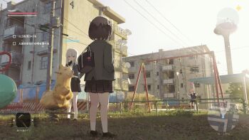 ! 1boy 2girls bag_charm black_hair blazer blonde_hair blue_eyes building character_charm charm_(object) day fake_screenshot gameplay_mechanics grass hair_ribbon hand_on_own_chin heads-up_display highres jacket long_hair lost_property_control_organization_(samidare) minimap multiple_girls niko_(lost_property_control_organization) on_swing outdoors playground pleated_skirt power_lines protagonist_(lost_property_control_organization) revision ribbon samidare_(hoshi) satellite_dish school_uniform shiraishi_rei_(samidare) short_hair sitting skirt spring_rider swing t-6407j_(samidare) translated user_interface utility_pole water_tower white_hair white_ribbon