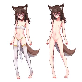 1girl absurdres animal_collar animal_ear_fluff animal_ears armpits barefoot bdsm blush breasts censored closed_mouth collar completely_nude dancer eyebrows_hidden_by_hair full_body groin hair_between_eyes harem_outfit heart heart_censor highres looking_at_viewer medium_hair moriforests multiple_views navel nipples nude original pelvic_curtain revealing_clothes round_eyewear simple_background slave small_breasts smile stirrup_legwear stomach tail thighhighs toeless_legwear toes white_background white_thighhighs wolf_ears wolf_girl wolf_tail