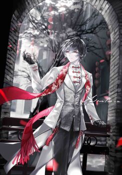 1boy absurdres adapted_costume arch ayn_alwyn black_gloves black_hair black_pants chinese_clothes chinese_commentary coat coattails cuff_links dated earrings expressionless feet_out_of_frame flower_knot fringe_trim gloves grey_vest hair_between_eyes hand_on_railing hand_up highres jewelry lantern limited_palette long_sleeves looking_to_the_side lovebrush_chronicles male_focus nnnnnova open_clothes open_coat pants paper_lantern parted_lips procreate_(medium) red_eyes red_scarf scarf shirt short_hair solo standing stole tangzhuang tassel tree vest white_coat white_shirt yaopei