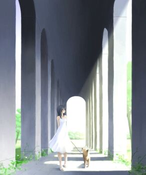 1girl arch architecture black_hair closed_mouth commentary_request day dog dress expressionless full_body grass holding holding_leash leash looking_afar opencanvas_(medium) original outdoors perspective plant sandals scenery short_hair solo sundress sunlight tororo_(16763) vines walking white_dress white_sandals