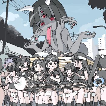 6+girls ass black_eyes black_hair cat demon demon_horns fundoshi horns japanese_clothes lokulo-chan_(lokulo_no_mawashimono) lokulo_no_mawashimono loli long_hair long_pointy_ears long_tongue lowres medium_hair multiple_girls navel original parade pelvic_curtain pointy_ears purple_hair red_eyes tongue tongue_out twintails