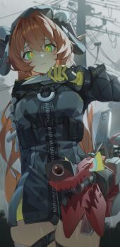 1girl absurdres barrel beret black_coat coat combat_knife curled_horns green_eyes grey_sleeves gyo_gyo_0 hat highres holding holding_knife horns knife light_smile long_hair magus_(zenless_zone_zero) orange_hair orange_pupils orphie_magnusson pointy_ears rain utility_pole weapon zenless_zone_zero zipper