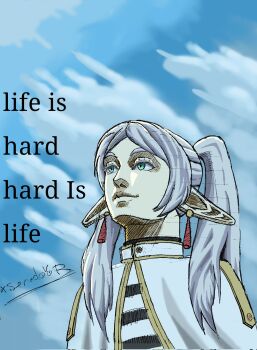 1girl blue_sky capelet closed_mouth cloud cloudy_sky commentary day earrings elf english_commentary english_text frieren green_eyes highres jewelry long_hair long_pointy_ears looking_up meme parted_bangs pointy_ears self-upload senadoor sky solo sousou_no_frieren twintails upper_body upward_angle_frieren_drawing_(meme) white_capelet white_hair