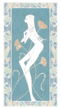 Rule 34 | 1girl, anatomical nonsense, art nouveau, blonde hair, colored skin, completely nude, feet out of frame, flower, highres, kishi takuya, long fingers, nude, original, profile, skinny, solo, white skin