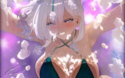 1girl against_glass animated armpits ass back backboob bikini blue_eyes blush bouncing_breasts breast_press breasts breasts_on_glass breasts_squeezed_together brown_dust_(series) brown_dust_2 butt_crack cleavage feet_out_of_frame green_bikini hair_ornament highres huge_ass large_breasts looking_at_viewer medium_hair multicolored_hair navel nebris_(brown_dust_2) o-ring o-ring_bikini official_art open_mouth smile soap solo spotlight stomach streaked_hair swimsuit tan teeth thighs upper_teeth_only video wet wet_clothes white_hair