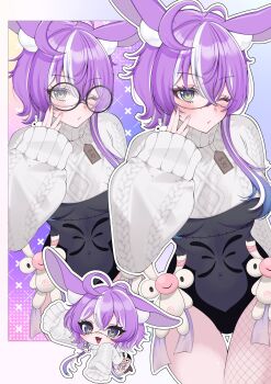 1girl ahoge animal_ear_fluff animal_ears black-framed_eyewear black_leotard blue_eyes chibi commentary glasses grey_sweater highres indie_virtual_youtuber jared_(michi_mochievee) leotard lilichanxxx looking_at_viewer medium_hair michi_mochievee michi_mochievee_(bunny) one_eye_closed purple_hair rabbit_ears rabbit_girl solo sweater virtual_youtuber white_streaks