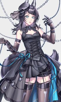 1girl absurdres animal_ears arknights bang_dream! bang_dream!_it's_mygo!!!!! bare_shoulders black_dress black_gloves black_hair black_shorts black_thighhighs blue_eyes blue_ribbon bone_print breasts chain chinese_commentary collar commentary_request crinoline diagonal_bangs dress elbow_gloves feet_out_of_frame gloves hands_up highres holding holding_chain kemonomimi_mode long_hair looking_at_viewer medium_breasts procreate_(medium) ribbon shorts solo spiked_collar spikes standing tail thighhighs wolf_ears wolf_girl wolf_tail yahata_umiri yahata_umiri_(moonlight_executioner) yong_ye_zhenma_shi_xiao_shayu