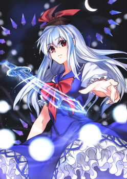 1girl black_hat blue_dress blue_streaks bow bowtie breasts commentary_request cowboy_shot crescent_moon danmaku dress floating floating_object floating_sword floating_weapon foreshortening grey_hair hat hat_ribbon highres hujitaumi kamishirasawa_keine light_particles lips medium_breasts moon night petticoat puffy_short_sleeves puffy_sleeves reaching reaching_towards_viewer red_bow red_bowtie red_eyes red_ribbon ribbon short_sleeves sideways_glance solo sword touhou weapon