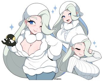 1girl artist_name black_gloves blue_eyes breasts cleavage closed_eyes cremanata earrings gloves hair_over_one_eye hand_on_own_hip hat highres holding holding_poke_ball huge_breasts jewelry mature_female melony_(pokemon) multiple_views nintendo one_eye_closed open_mouth pantyhose poke_ball pokemon pokemon_swsh ribbed_sweater shirt simple_background sweater ultra_ball watermark white_background white_hat white_shirt white_sweater