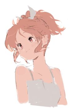 1girl abe_nana bad_id bad_twitter_id bare_shoulders brown_eyes brown_hair closed_mouth commentary_request cropped_torso hageshii_nakano highres idolmaster idolmaster_cinderella_girls image_sample inactive_account looking_to_the_side ponytail shirt short_hair simple_background sleeveless sleeveless_shirt smile solo spaghetti_strap twitter_sample upper_body white_background white_shirt