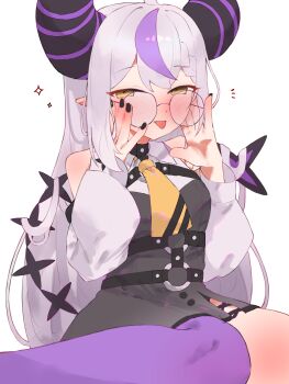 1girl absurdres black-framed_eyewear black_dress black_nails blush commentary_request demon_girl demon_horns demon_tail dress glasses grey_hair highres hololive horns la+_darknesss la+_darknesss_(1st_costume) long_hair multicolored_hair nail_polish pointy_ears purple_streaks purple_thighhighs single_thighhigh smile solo streaked_hair tail tepenchi thighhighs very_long_hair virtual_youtuber yellow_eyes