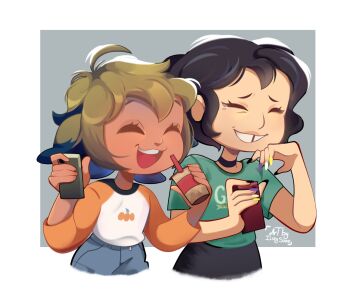 1girl 1other artist_name black_hair closed_eyes cup green_shirt grey_background hands_up highres latiamora long_sleeves masha_(the_owl_house) multiple_girls nail_polish non-binary non-binary_colors open_mouth parted_lips phone print_shirt raglan_sleeves shadow shirt short_hair short_sleeves simple_background smile the_owl_house vee_(the_owl_house)