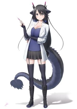 Rule 34 | 1girl, absurdres, animal ears, black dragon (kemono friends), black hair, blue hair, blush, breasts, cleavage, coat, doctor, dragon ears, dragon girl, dragon horns, dragon tail, fingerless gloves, fishnet gloves, fishnets, garter straps, gloves, grey eyes, highres, holding, holding syringe, horns, huge breasts, kemono friends, kemono friends 3, lab coat, long hair, looking at viewer, mogurii, multicolored hair, multicolored horns, open clothes, open coat, pink horns, scale print, shirt, simple background, skirt, solo, syringe, tail, thighhighs, white coat