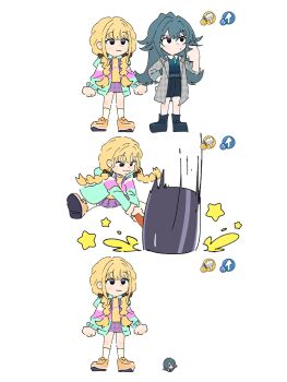 2girls 3koma alienalienp blonde_hair chibi comic fujita_kotone gakuen_idolmaster gameplay_mechanics hammer heads-up_display highres idolmaster mario_&amp;_luigi_rpg mini_person multiple_girls parody tsukimura_temari user_interface