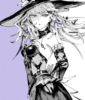 1girl arm_behind_back ben-day_dots breasts commentary cowboy_shot dated_commentary detached_sleeves facing_to_the_side hair_ribbon hat herta_(honkai:_star_rail) highres honkai:_star_rail honkai_(series) jewelry key key_necklace necklace otimusyairoha parted_lips purple_eyes purple_ribbon ribbon screentones sideways_glance simple_background small_breasts solo spot_color the_herta_(honkai:_star_rail) twitter_username witch_hat