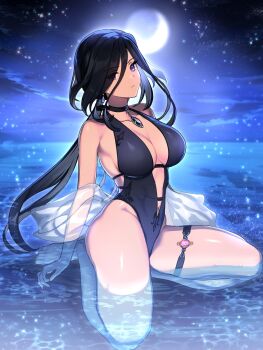1girl :| alternate_costume bare_shoulders black_choker black_gem black_hair black_one-piece_swimsuit breasts choker cleavage clorinde_(genshin_impact) closed_mouth commentary_request crescent_moon earrings gem genshin_impact highres jewelry large_breasts lllkalllwalll looking_at_viewer moon navel night one-piece_swimsuit outdoors partial_commentary partially_submerged plunging_neckline purple_eyes seiza sitting sky solo star_(sky) starry_sky swimsuit thigh_strap thighs toes