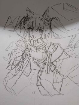 Rule 34 | 1girl, :d, angelina (arknights), animal ear fluff, animal ears, arknights, arknights: endfield, belt, breasts, coat, commentary request, floating hair, floating paper, fox ears, fox girl, gilberta (arknights), graphite (medium), greyscale, headpiece, high belt, high collar, highres, hosinoyuu1005, letter, looking at viewer, medium breasts, monochrome, off shoulder, open clothes, open coat, open mouth, sketch, smile, solo, traditional media