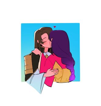 Rule 34 | 1boy, 1girl, alternate costume, armor, bird boy, black hair, braid, bucumberr, closed eyes, commentary, couple, english commentary, genshin impact, head tilt, hetero, highres, hug, imminent kiss, japanese armor, japanese clothes, kimono, long braid, long hair, long sleeves, low-tied long hair, purple hair, raiden shogun, red kimono, sasayuri (genshin impact), single braid, upper body