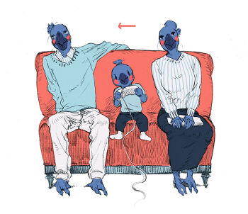1boy 2girls animal_feet bird bird_boy bird_girl blue_feathers blue_sweater child claws cockatoo couch family feathers full_body furry furry_female furry_male handheld_game_console head_tilt holding holding_handheld_game_console multiple_girls nagabe on_couch original parrot_boy parrot_girl playing_games simple_background sitting skirt striped_clothes striped_sweater sweater tail white_background