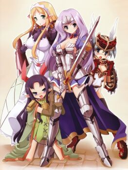 10s 4girls annelotte armor black_hair blonde_hair blue_eyes dress elf mirim multiple_girls official_art pointy_ears queen&#039;s_blade queen&#039;s_blade_lost_worlds queen&#039;s_blade_rebellion shield smile standing sword tiara tsurugi_hagane vante weapon yuit_(queen&#039;s_blade)