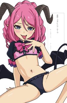 aikatsu!_(series) aikatsu_stars! arm_at_side black_panties black_shirt blue_eyes blush bow cropped_shirt curled_horns curly_hair demon_girl demon_horns demon_tail demon_wings dot_nose finger_to_mouth flat_chest frilled_panties frilled_sleeves frills hand_on_ground hand_up hashtag-only_commentary heart heart-shaped_pupils highres horns leaning_back looking_at_viewer medium_hair navel open_mouth osame panties pink_bow pink_hair pink_pupils pink_shirt pointy_ears sakuraba_rola shirt short_sleeves sidelocks simple_background sitting smile spread_legs symbol-shaped_pupils tail tongue tongue_out two-tone_shirt underwear white_background wings