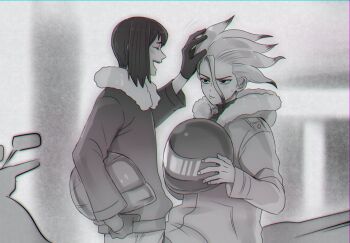 Rule 34 | 2boys, :d, asagiri gen, chromatic aberration, closed eyes, closed mouth, commentary request, di igsk, dr. stone, fur-trimmed jacket, fur trim, gloves, greyscale, hair between eyes, happy, headpat, helmet, highres, holding, holding unworn helmet, hood, hood down, hooded jacket, ishigami senkuu, jacket, laughing, long sleeves, male focus, monochrome, motor vehicle, motorcycle, motorcycle helmet, multicolored hair, multiple boys, open mouth, short hair, smile, teeth, two-tone hair, unworn headwear, unworn helmet