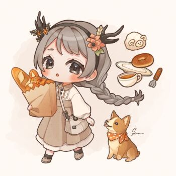 1girl :o animal antlers antlers_hair_ornament bag blush braid bread brown_eyes brown_hair brown_shoes brown_skirt chibi cup dog donut eyelashes flower food fork full_body hairband holding horns long_hair long_sleeves looking_at_viewer original paper_bag plate pleated_skirt red_flower sheep shirt shoes signature skirt socks solo square taruchi_sucre walking white_background white_shirt