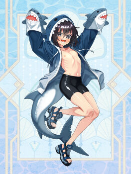 1girl animal_hood artist_request bike_shorts black_eyes black_hair blue_jacket blush eyebrows_hidden_by_hair fins fish_tail flat_chest full_body hair_between_eyes hand_puppet highres hood jacket jumping looking_at_viewer navel nipples no_bra open_mouth original puppet sandals shark_hood shark_tail short_hair smile solo stomach tail teeth toes unzipped
