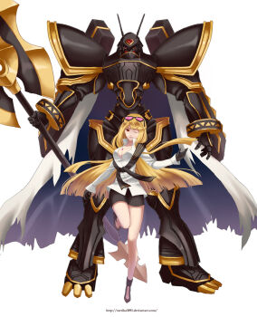 1girl alphamon alphamon_ouryuuken armor black_armor black_helmet black_shorts blonde_hair cape digimon digimon_(creature) digimon_story:_cyber_sleuth forehead_jewel full_body halberd helmet holding holding_polearm holding_weapon kuremi_kyouko long_hair one_eye_closed polearm sartika3091 shirt shorts simple_background weapon white_background white_cape white_shirt
