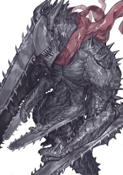1boy arm_blade armor black_armor black_scales chainsaw chainsaw_devil chainsaw_man commentary demon_horns english_commentary extra_arms highres horns male_focus monster nameno92372763 red_scarf scarf sharp_teeth simple_background solo standing teeth weapon white_background