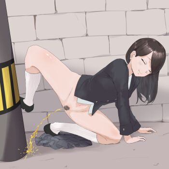 1girl all_fours black_hair black_jacket black_shoes blush bottomless brick_wall closed_eyes grey_skirt highres jacket kapikapi_ookuwagata kneehighs leg_left leg_up long_hair long_sleeves navel original peeing peeing_like_a_dog pole pubic_hair pussy school_uniform shirt shoes skirt smile socks unworn_skirt white_shirt white_socks