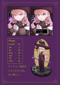 1girl arm_behind_back bare_shoulders bodystocking braid breasts character_profile chibi covered_navel detached_sleeves dungeon eyelashes gloves hair_between_eyes half-closed_eyes hat heart highres holding holding_scepter jun_(navigavi) large_breasts long_hair original parted_lips partially_fingerless_gloves pink_hair roleplay scepter short_braid side_braids skull solo spoken_heart standing stone_floor translation_request very_long_hair witch_hat yellow_eyes