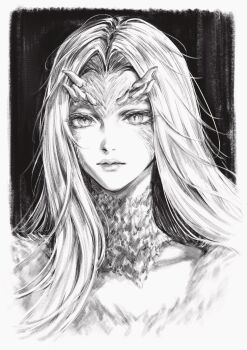 Rule 34 | 1girl, black background, border, curtained hair, dark souls (series), dark souls i, dragon girl, facing viewer, greyscale, highres, long hair, looking at viewer, mabotnb, monochrome, portrait, priscilla the crossbreed, slit pupils, solo, white border