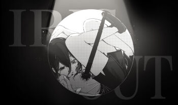 1girl blood chainsaw_man commentary_request greyscale hair_between_eyes impaled implied_death legs_up lying monochrome on_back reze_(chainsaw_man) shorts solo spoilers tonbo_(tonbo63194)