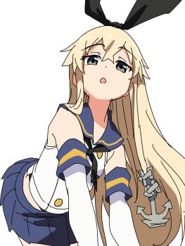 1girl :o anchor_hair_ornament baasaku_(balasaku24) blonde_hair blue_skirt commentary cowboy_shot elbow_gloves gloves hair_ornament hairband highres kantai_collection leaning_forward long_hair looking_at_viewer sailor_collar shimakaze_(kancolle) shirt simple_background skirt sleeveless solo white_background white_gloves white_shirt