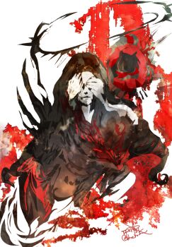 1girl black_halo colored_skin commentary_request copyright_name covering_own_eyes final_fantasy final_fantasy_xiv halo hood hood_up ruka_(blueplus84) solo spiked_halo twitter_username white_skin zero_(ff14)