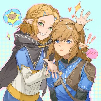 !? 1boy 1girl animal_ears arm_up black_cape blue_background blue_eyes blue_tunic braid cape chinese_commentary commentary_request dog_ears earrings extra_ears flying_sweatdrops green_eyes grin hair_ornament hairclip hand_up heart highres jewelry kemonomimi_mode layered_sleeves lethe_(jiaodidezheshelu) link long_hair long_sleeves nintendo open_mouth outline pink_outline pointy_ears princess_zelda shirt short_hair short_over_long_sleeves short_sleeves smile sparkle speech_bubble spoken_blush the_legend_of_zelda the_legend_of_zelda:_breath_of_the_wild tunic white_shirt