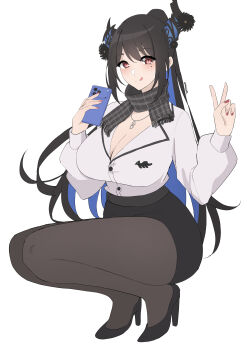 Rule 34 | :p, absurdres, asymmetrical horns, black hair, black skirt, blue hair, breasts, button up skirt, cleavage, colored inner hair, high heels, highres, hololive, hololive english, horns, jewelry, large breasts, mole, mole under eye, multicolored hair, necklace, nerissa ravencroft, nerissa ravencroft (casual), omenion, pantyhose, red eyes, scarf, shirt, skirt, thighs, tongue, tongue out, v, virtual youtuber, white background, white shirt