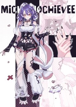 1girl :3 absurdres animal_ears arm_at_side bandaid bandaid_on_face black_nails black_shoes blush breasts cleavage closed_mouth commentary english_commentary fingernails fishnet_thighhighs fishnets full_body hair_between_eyes hair_bun hair_ornament heart heart_hair_ornament highres indie_virtual_youtuber jared_(michi_mochievee) looking_at_viewer lyria_noms medium_breasts michi_mochievee navel purple_hair rabbit rabbit_ears shoelaces shoes single_thighhigh smile solo star_(symbol) star_in_eye stitched_face stitched_leg stitches symbol_in_eye thighhighs virtual_youtuber white_background white_streaks yellow_eyes