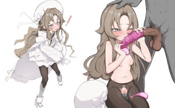 Rule 34 | !, 1boy, 1girl, absurdres, bandaid, bandaid on cheek, bandaid on face, blonde hair, blue eyes, bow, breasts, cape, chituna, clothing cutout, colt m1851n (girls' frontline), condom, condom on penis, crotch cutout, dress, girls' frontline, hand on another's head, hat, highres, long hair, multiple views, nipples, one eye closed, pantyhose, pantyhose only, penis, pussy, testicles, torn clothes, torn pantyhose, used condom, white bow, white cape, white dress, white hat