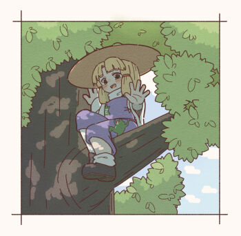 1girl :d animal_print black_boots blonde_hair blue_sky blush boots cloud commentary frog_print hakugomaabura_(kourin1219) highres looking_at_viewer medium_hair moriya_suwako mountain_of_faith open_mouth purple_skirt purple_vest shirt sitting_on_branch skirt sky smile socks solo teeth touhou tree turtleneck turtleneck_shirt upper_teeth_only vest white_shirt white_socks wide_sleeves yellow_eyes