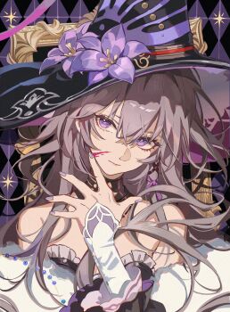 1girl absurdres ascot bad_id bad_twitter_id black_collar blood blood_on_face brown_hair closed_mouth collar flower hair_ribbon hand_up hat hat_flower herta_(honkai:_star_rail) highres honkai:_star_rail honkai_(series) jewelry key key_necklace long_hair looking_at_viewer nail_polish necklace portrait purple_eyes purple_flower purple_nails purple_ribbon ribbon smile solo the_herta_(honkai:_star_rail) white_ascot witch_hat zerotabi1210