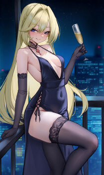 1girl absurdres bare_shoulders black_gloves black_thighhighs blonde_hair blue_dress blue_eyes blush breasts choker covered_navel cup dress drinking_glass elbow_gloves gloves highres jewelry kiyoi_(qingyisama) long_hair looking_at_viewer original pendant side_slit small_breasts smile solo thighhighs