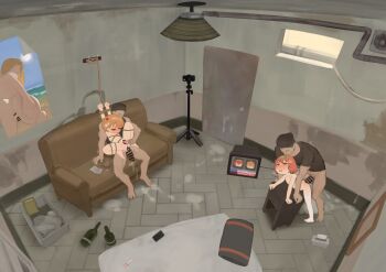 2girls absurdres bar_censor bdsm bkbbkbkk blush bondage bound bound_legs bound_wrists cellphone censored chaos_(yui_yuu) commentary couch cum english_commentary glasses highres loli multiple_boys multiple_girls news original phone restrained rope sex sex_from_behind short_hair television thighhighs white_thighhighs