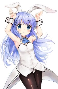 1girl absurdres animal_ears anno_masato black_pantyhose blush commentary_request gochuumon_wa_usagi_desu_ka? hair_ornament highres kafuu_chino leotard long_hair open_mouth pantyhose playboy_bunny rabbit_ears solo white_leotard wrist_cuffs x_hair_ornament