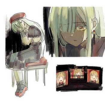 1girl bang_dream! bang_dream!_it's_mygo!!!!! beret black_skirt chair covering_face distress earrings green_hair hair_over_one_eye hands_up hat jewelry long_hair long_sleeves looking_down lung_(ro22ng) mortis_(bang_dream!) mortis_(costume)_(bang_dream!) multiple_views on_chair open_mouth red_hat screen shaded_face sitting skirt sweat wakaba_mutsumi yellow_eyes