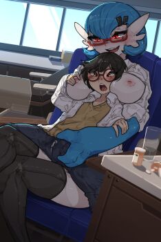 1boy 1girl age_difference alternate_color armchair between_breasts black_thighhighs blue_hair blue_skin blush breasts breasts_out bulge chair coat colored_skin commentary commission commissioner_insert crossed_legs cum cum_in_clothes cum_through_clothes doctor dr._voir_(nanosheep) english_commentary femdom fewer_digits gardevoir gen_3_pokemon glasses grabbing_another's_breast groping hair_ornament hairclip handjob handjob_over_clothes head_between_breasts hetero highres indoors lab_coat large_breasts looking_down mega_stone multicolored_skin nanosheep_(character) nintendo nipples no_bra onee-shota open_clothes open_coat original pokemon pokemon_(creature) pokephilia red-framed_eyewear red_eyes round_eyewear semi-rimless_eyewear shiny_pokemon short_hair shota shuuko_(s_h_uuko) sitting sitting_on_lap sitting_on_person teacher_and_student teasing teeth thighhighs two-tone_skin under-rim_eyewear upper_teeth_only white_skin
