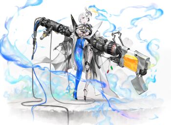 1girl absurdres breasts cane coat commentary_request cyborg flamethrower full_body grey_coat grey_hair hair_ornament highres holding holding_cane korean_commentary large_breasts lighter looking_at_viewer mechanical_arms mechanical_legs open_clothes open_coat original oversized_object pointy_ears short_hair single_mechanical_leg smoke solo standing wacho_0423 weapon white_background yellow_eyes